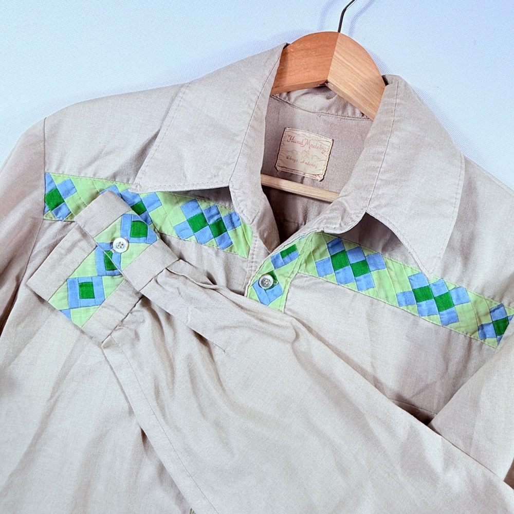 Handmade Button Down Shirt Mens Small Tan Diamond Patchwork Retro Western Boho